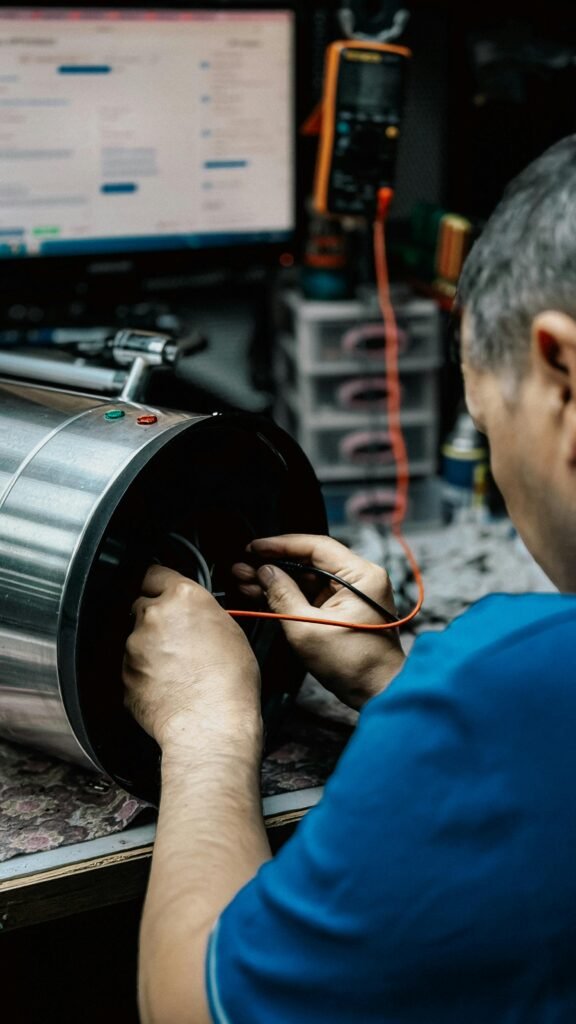 Professional technician examining and repairing industrial machinery in a workshop.